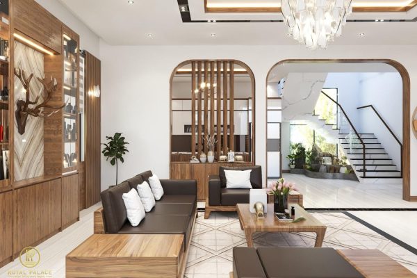thi công nội thất phòng khách gỗ tự nhiên