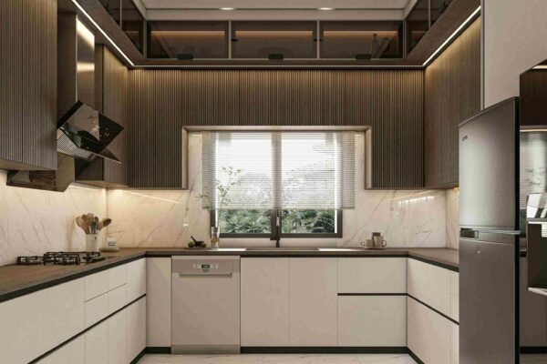 Thiết kế nội thất chung cư Home City 105m2 3 phòng ngủ tại quận Cầu Giấy, Hà Nội – Phong cách Modern Luxury đẳng cấp 9 Ảnh tổng quan phòng bếp thiết kế chữ U tăng tối đa diện tích nấu nướng và trưng bày. Với thiết kế tủ kịch trần, căn bếp trở nên gọn gàng, nhiều tiện ích và công năng hơn