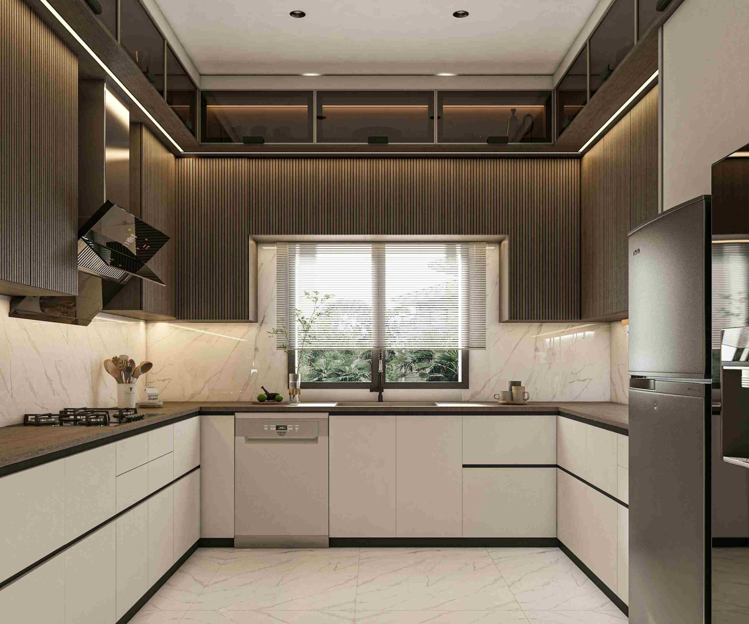 Thiết kế nội thất chung cư Home City 105m2 3 phòng ngủ tại quận Cầu Giấy, Hà Nội – Phong cách Modern Luxury đẳng cấp 19 Ảnh tổng quan phòng bếp thiết kế thiết kế nội thất hình chữ U tăng tối đa diện tích nấu nướng và trưng bày. Với thiết kế tủ kịch trần, căn bếp trở nên gọn gàng, nhiều tiện ích và công năng hơn