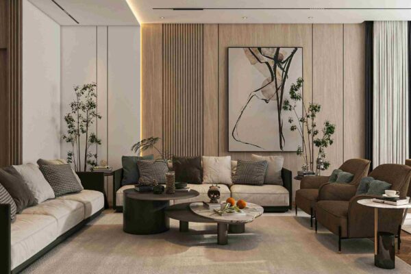 Thiết kế nội thất chung cư Home City 105m2 3 phòng ngủ tại quận Cầu Giấy, Hà Nội – Phong cách Modern Luxury đẳng cấp 6 Decor phòng khách với sofa và vách ngăn tường tạo không gian tổng thể hài hòa