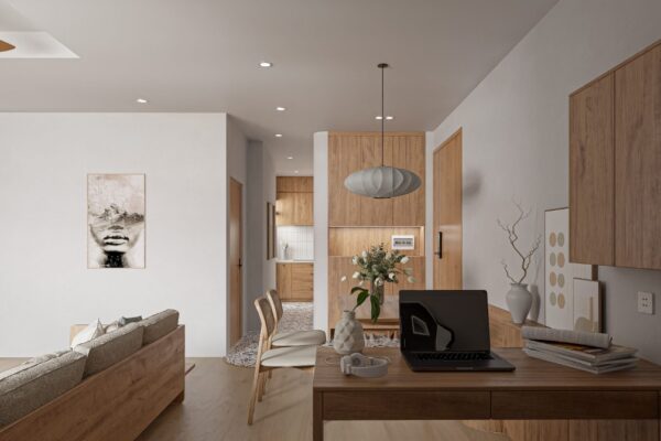 Thi Công Nội Thất Chung Cư 2 Ngủ 85m2 Vinhome Smart City Thoáng Mát 4 Phòng khách kết hợp bàn làm việc, tối ưu không gian