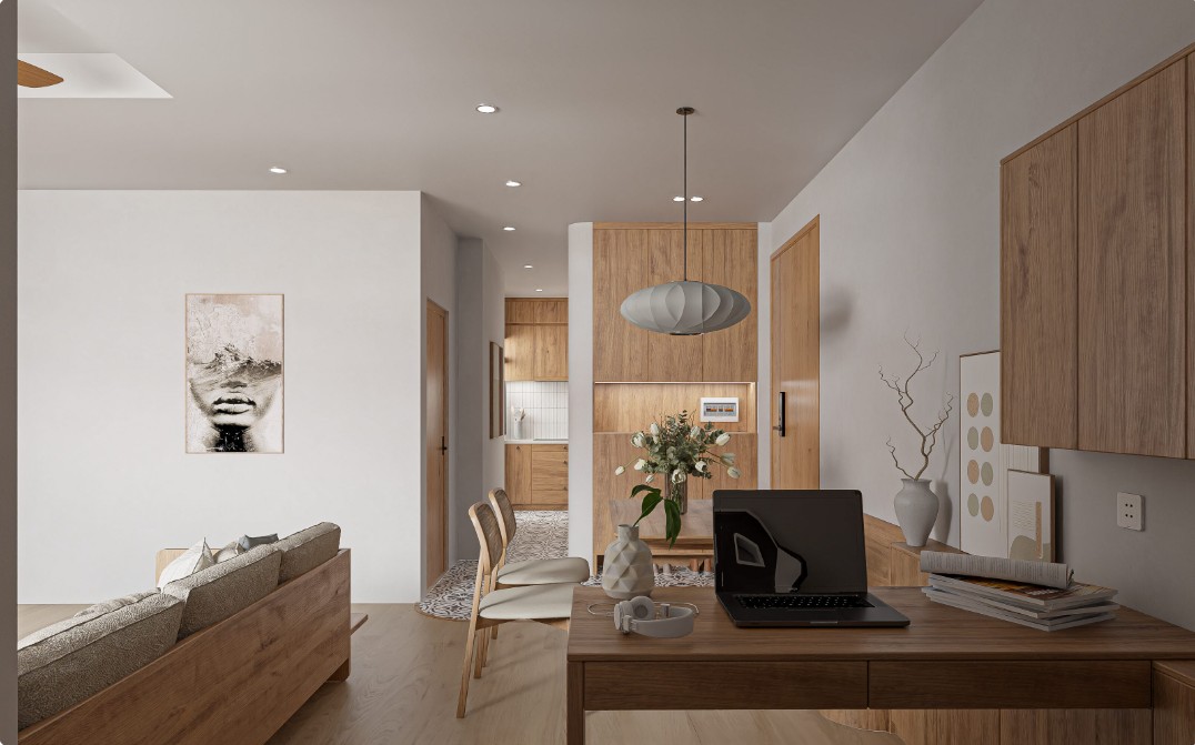 Thi Công Nội Thất Chung Cư 2 Ngủ 85m2 Vinhome Smart City Thoáng Mát 20 Phòng khách kết hợp bàn làm việc, tối ưu không gian