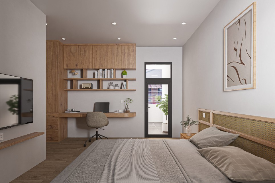 Thi Công Nội Thất Chung Cư 2 Ngủ 85m2 Vinhome Smart City Thoáng Mát 24 Phòng ngủ của bố mẹ kết hợp bàn làm việc và tivi