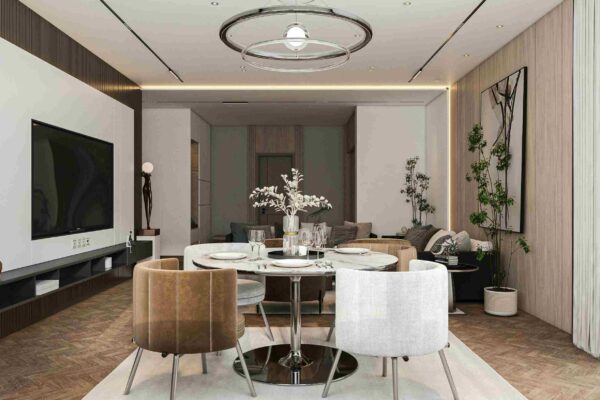 Thiết kế nội thất chung cư Home City 105m2 3 phòng ngủ tại quận Cầu Giấy, Hà Nội – Phong cách Modern Luxury đẳng cấp 3 Tổng quan phòng khách chung cư Home City