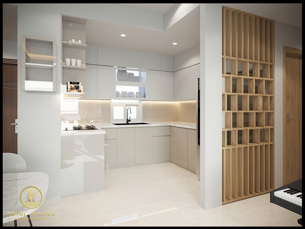 Phòng bếp với mặt đá và hệ tủ âm trần gọn gàng, tinh tế