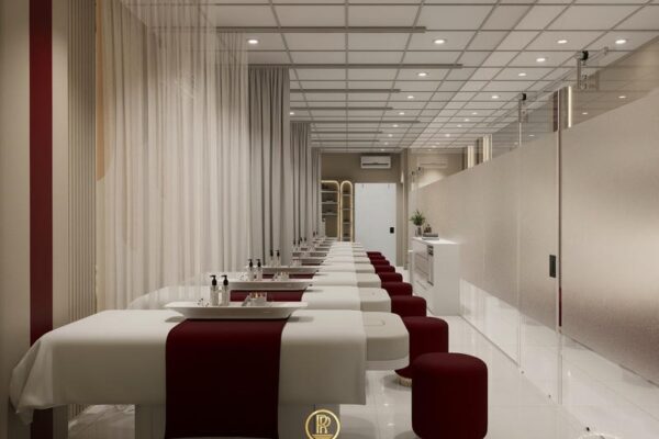 Mẫu phòng khám Maison Vũ tông đỏ nhung thích hợp cho các spa thư giãn và làm đẹp