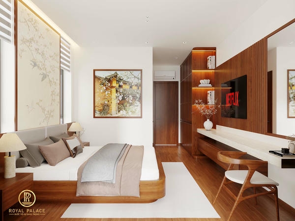 Thiết Kế Nội Thất Nhà Phố Hiện Đại, Sang Trọng Tại Thái Bình 25 Phòng ngủ được thiết kế theo phong cách hiện đại với gam màu gỗ nâu ấm chủ đạo, mang đến cảm giác thư giãn và sang trọng.