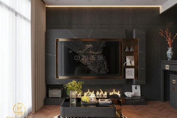 Thiết Kế Nội Thất Chung Cư Lumiere Vinsmart City 75m2 2 Phòng Ngủ 7 Nội thất phòng khách chung cư với vách tường decor ấn tượng