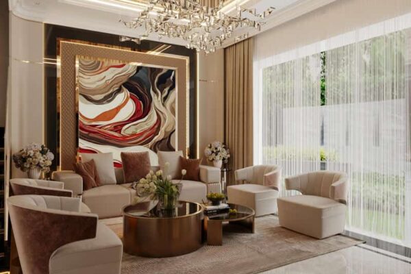 Phòng khách với cửa chính nhìn ra sân vườn thông thoáng