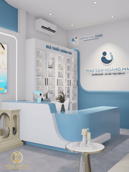 5 Tiêu Chí Lựa Chọn Vật Liệu Phòng Khám Đẹp, Bền Và Dễ Vận Hành 2 Quầy thuốc và quầy lễ tân của phòng khám sản phụ khoa
